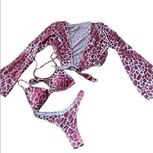 Mermaids Giraffe Print Thong Bikini & Coverup 3 Pc Small NWOT